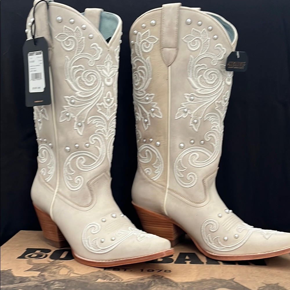 White Heeled Boots with Intricate Embroidery’s with pearls
